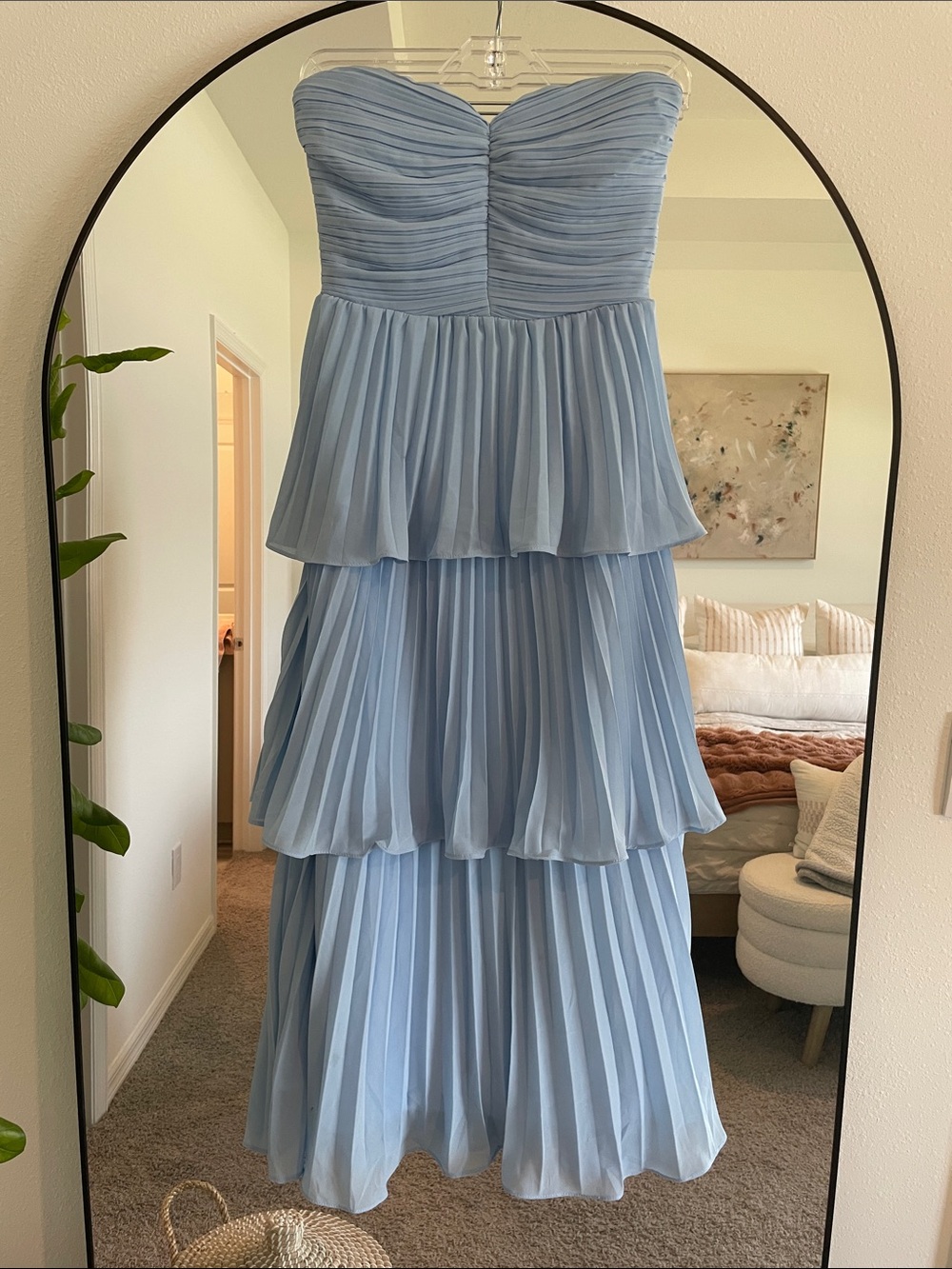 Lulu's Strapless Light Blue Tiered Pleated Maxi Dress